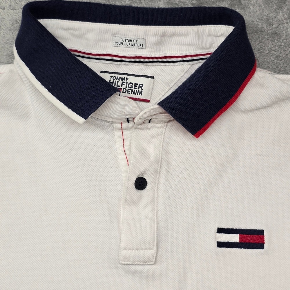 Tommy Hilfiger Denim Custom Fit Polo Shirt Mems LG White HILFIGER Logo 0199597 - Picture 3 of 9